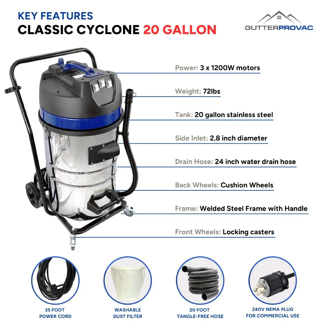 20 Gallon Classic Cyclone Gutter Vacuum, 40 Foot Carbon Clamping Gutter Poles, Carry Bag and 25 Foot Hose