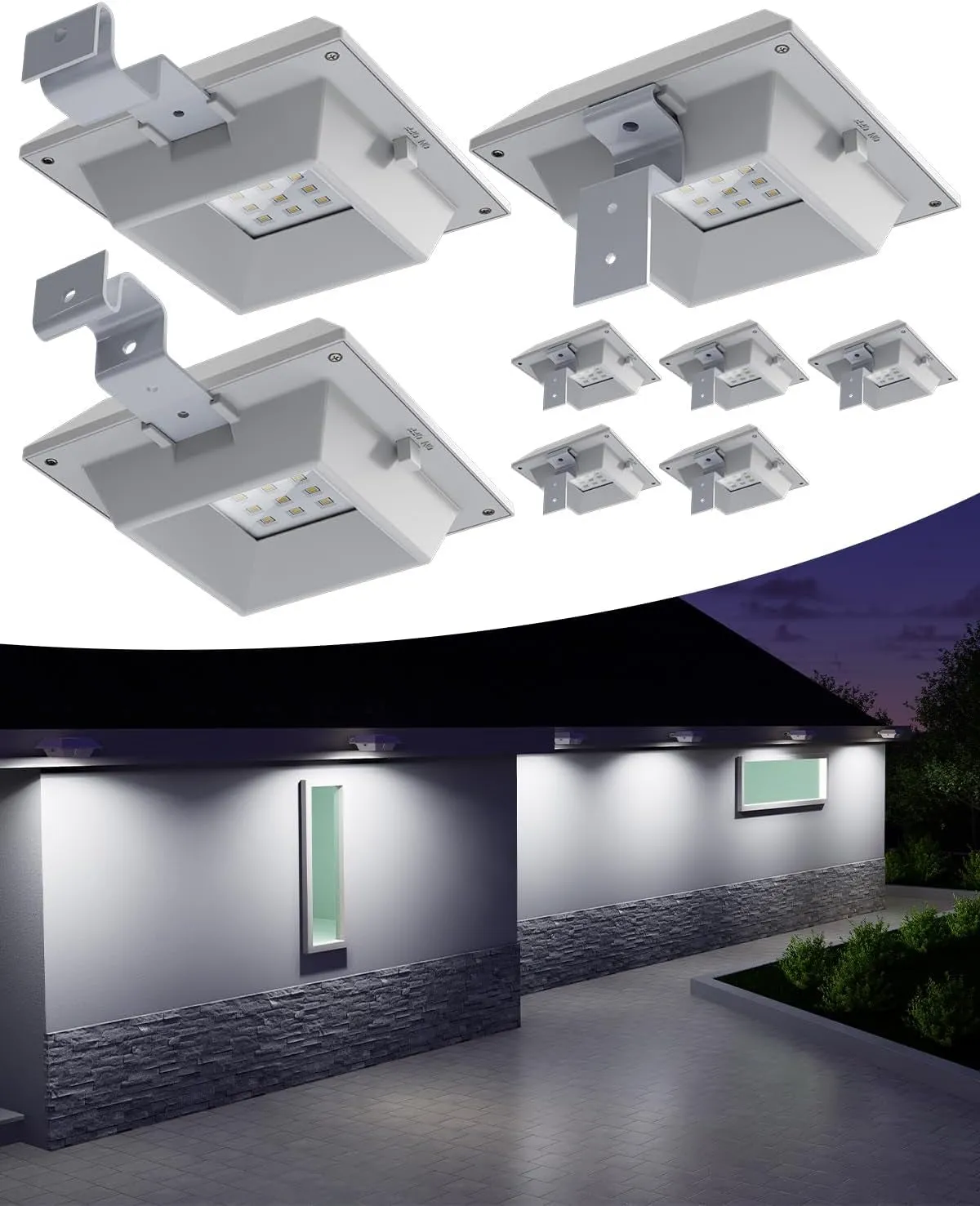 8 Pack White Solar Powered Gutter Lights Outdoor Decorative Waterproof 12 Leds Yard Lamp for Lighting Fence, Railing, outside Wall, Deck, Garden, Path, Backyard, Walkway, Patio, Holeless Installation