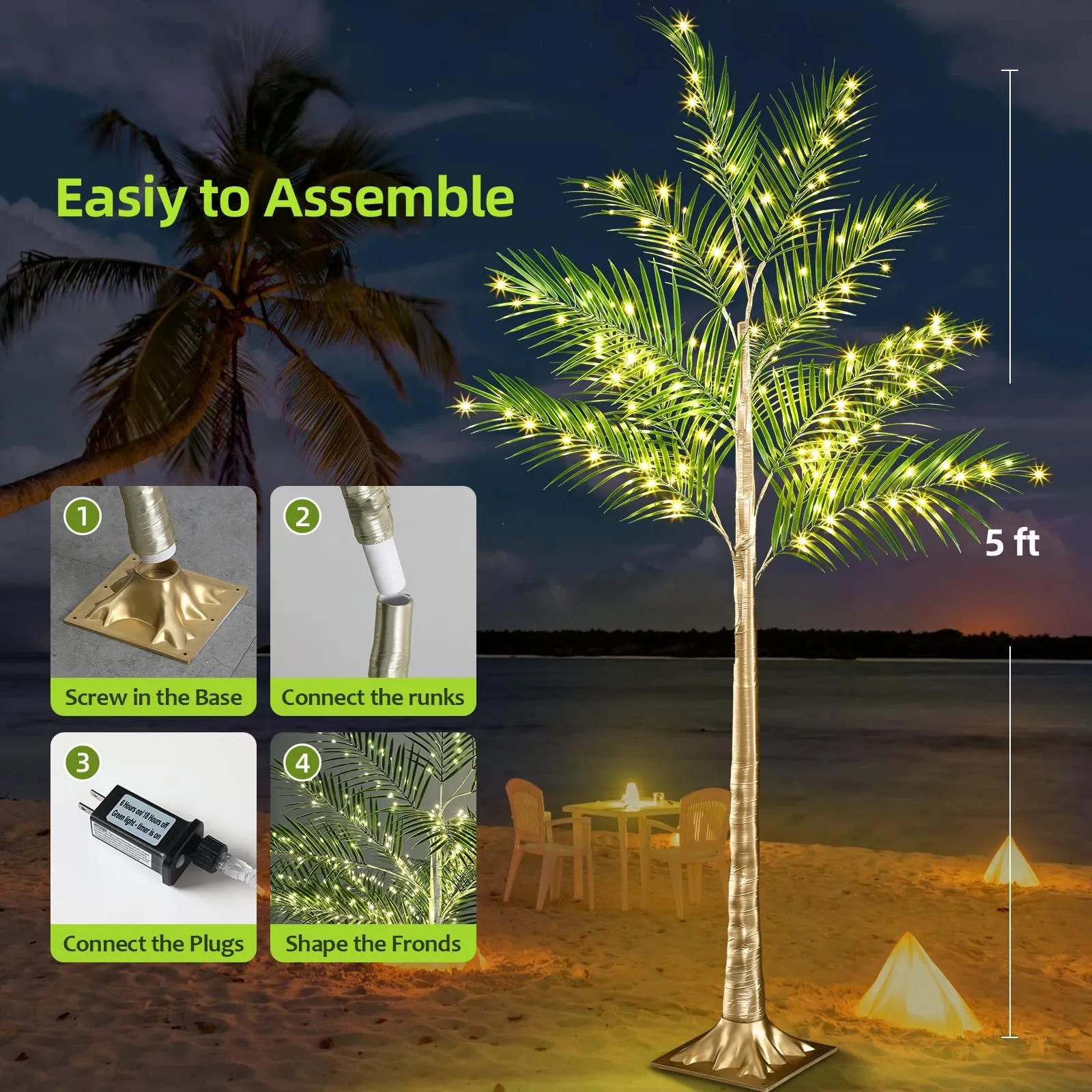 Bulk Lighted Palm Tree Warm LED Artificial Greenery with Lights with Adapter Patio Pool Tiki Decor Indoor Outdoor