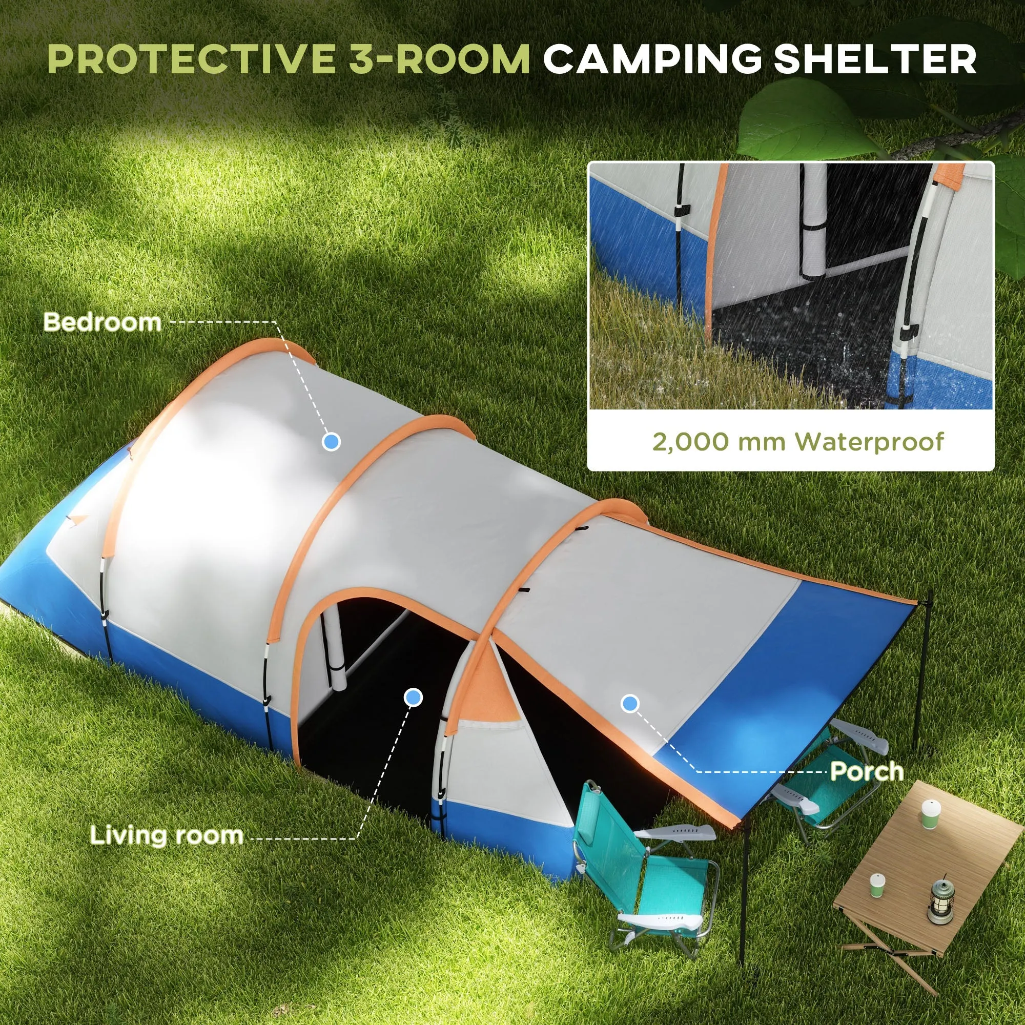 Camping Tent, Large Tunnel Tent with Bedroom and Living Area, 2000mm Waterproof, Portable with Bag for 2-3 Man, Orange