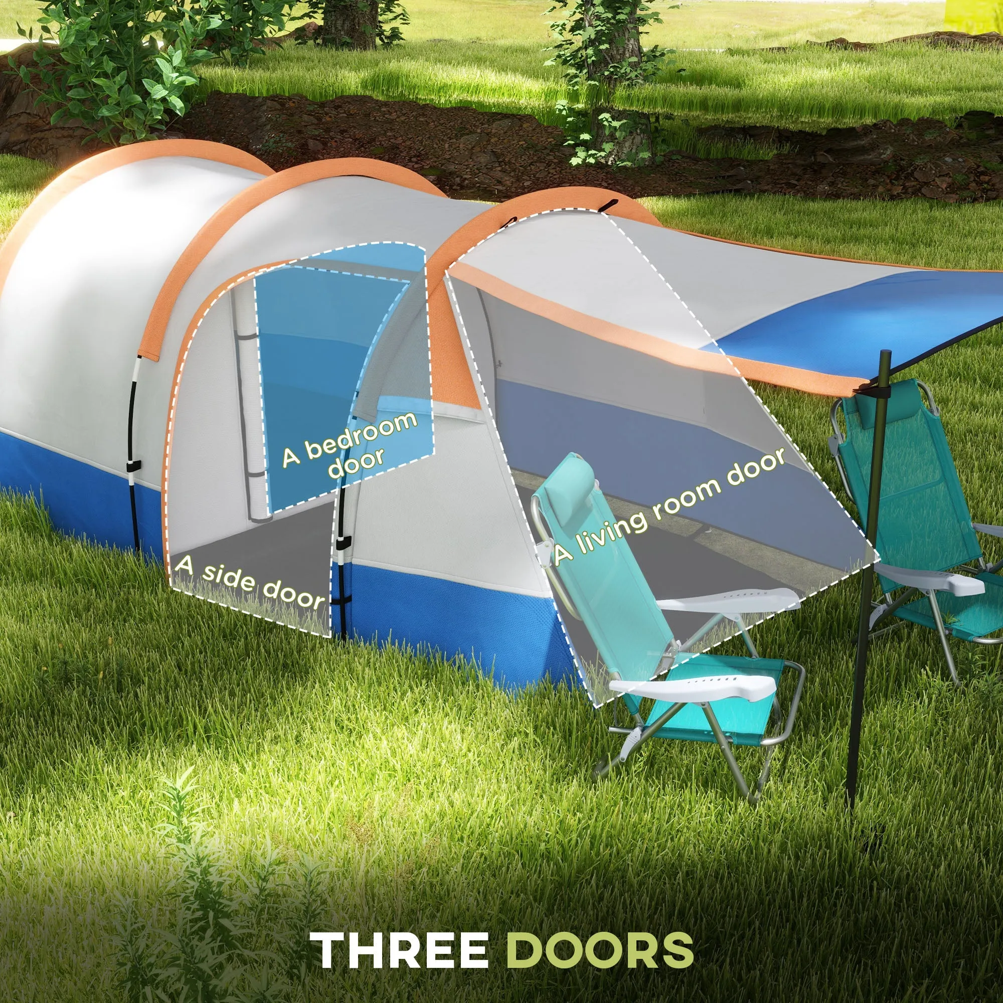 Camping Tent, Large Tunnel Tent with Bedroom and Living Area, 2000mm Waterproof, Portable with Bag for 2-3 Man, Orange