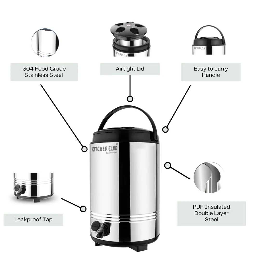 KITCHEN CLUE Stainless Steel Hot and Cold Water Jug/Containers with Leak Proof Tap I PUF Inuslated Hot Water/Tea/Milk Containers I Insulated Water Jug 10 Liters with Easy to Carry Handle (10 Liters)