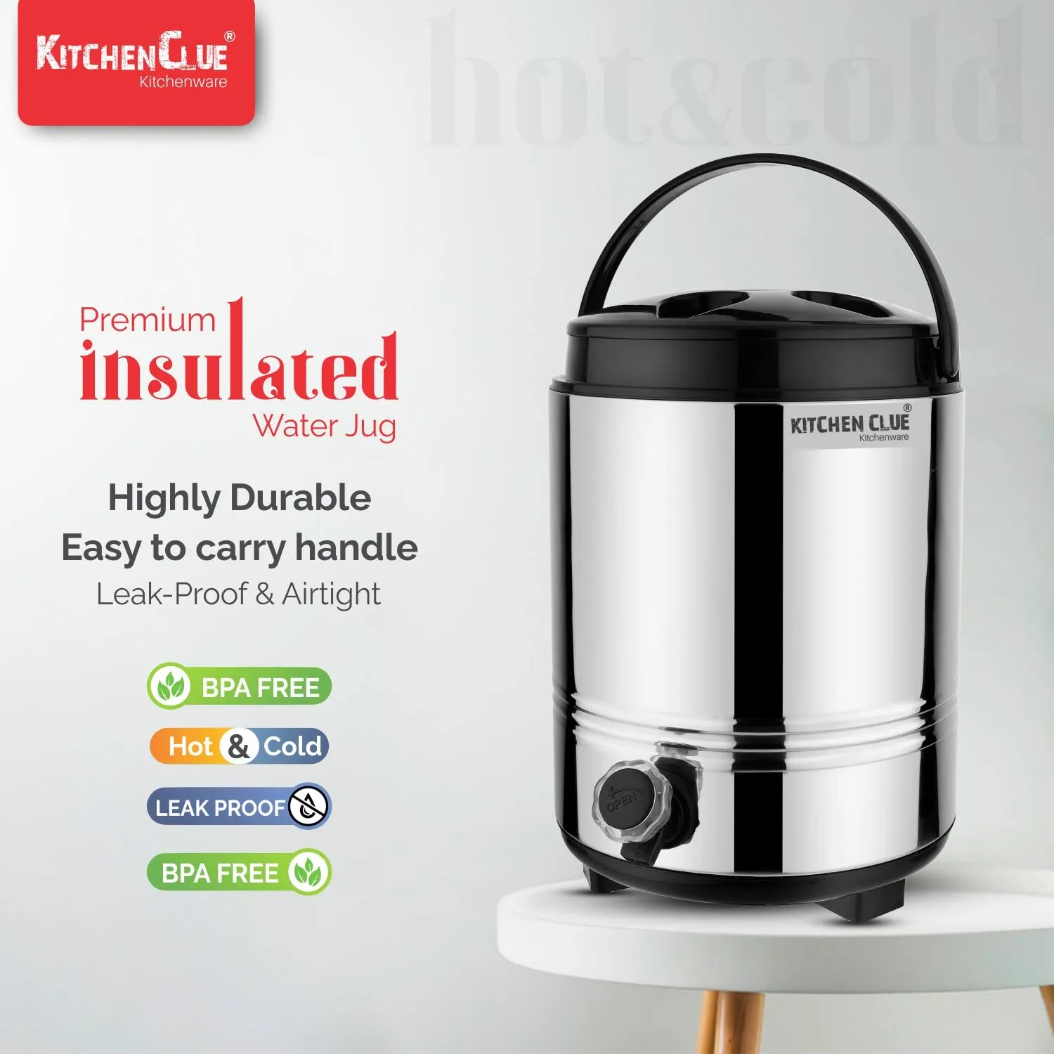 KITCHEN CLUE Stainless Steel Hot and Cold Water Jug/Containers with Leak Proof Tap I PUF Inuslated Hot Water/Tea/Milk Containers I Insulated Water Jug 10 Liters with Easy to Carry Handle (10 Liters)