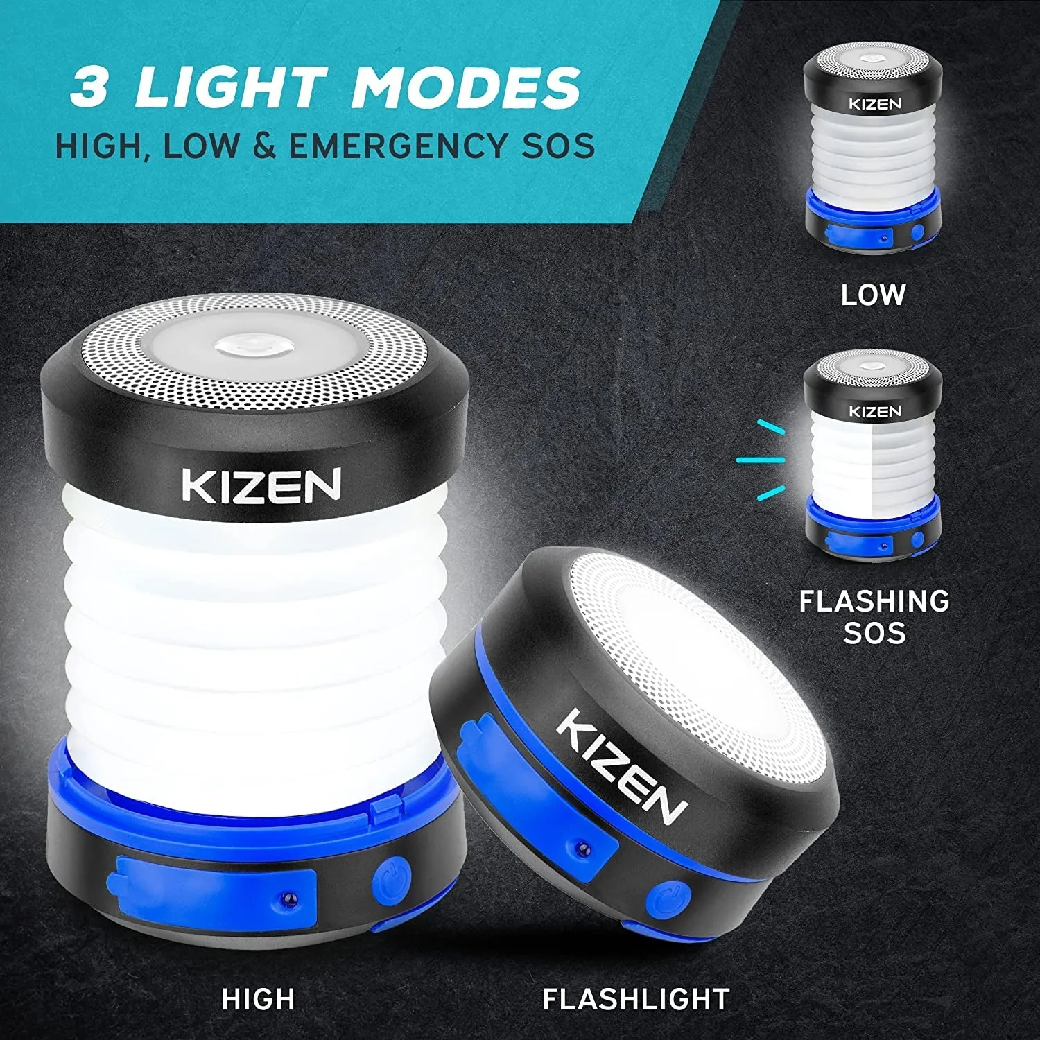 KIZEN Solar Lantern - Collapsible LED Camping Lantern - Rechargeable Solar - USB Portable Lamp and Phone Charger for Emergency, Power Outage, Hurricane - Tent Lights, Hiking, Backpacking Gear, Blue