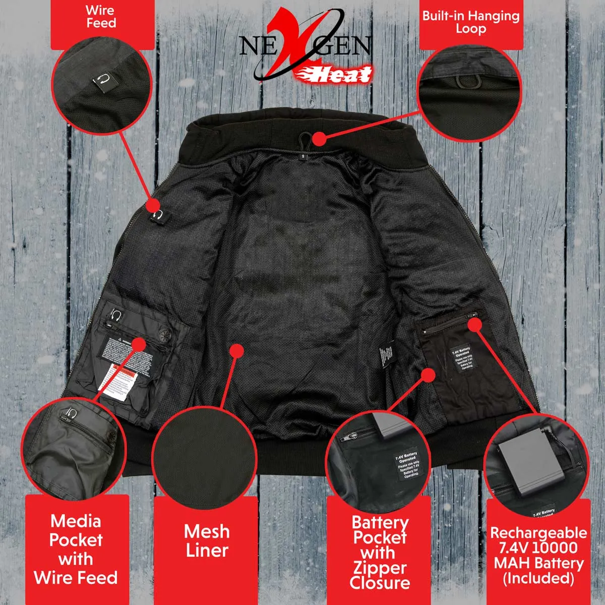 Nexgen Heat NXM1713SET Men's “Fiery’’ Heated Hoodie- Black Zipper Front Sweatshirt Jacket for Winter w/Battery Pack