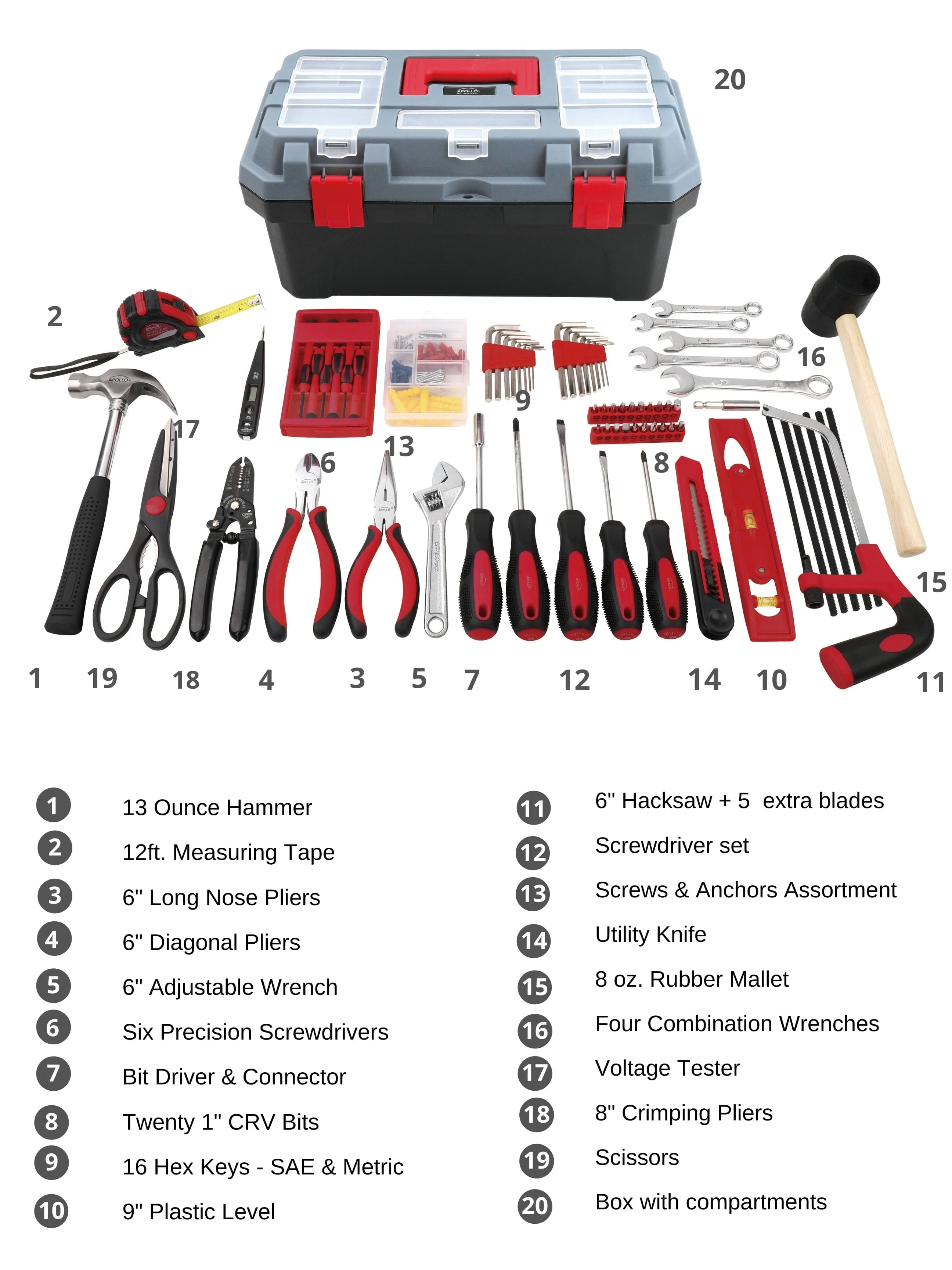 Red 170 Piece Household Tool Kit with New and Improved Tool Box - DT7103