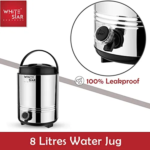 WHITESTAR Stainless Steel Water Dispenser for Office Home Kitchen, 8 Liters of Water Storage Containers with Leak Proof Tap I Easy to Carry Handle I Hot and Cold Water Jug with PUF Insulation