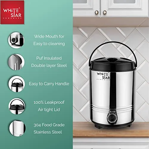 WHITESTAR Stainless Steel Water Dispenser for Office Home Kitchen, 8 Liters of Water Storage Containers with Leak Proof Tap I Easy to Carry Handle I Hot and Cold Water Jug with PUF Insulation