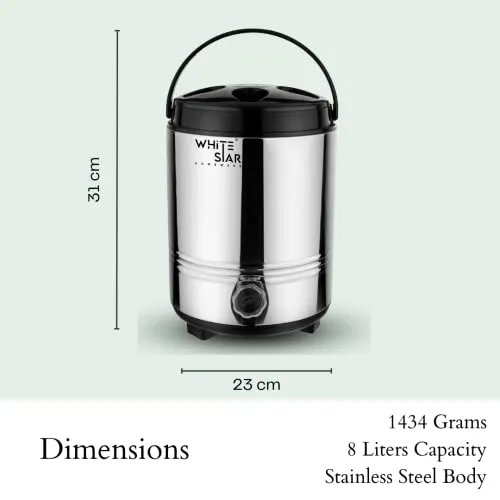 WHITESTAR Stainless Steel Water Dispenser for Office Home Kitchen, 8 Liters of Water Storage Containers with Leak Proof Tap I Easy to Carry Handle I Hot and Cold Water Jug with PUF Insulation