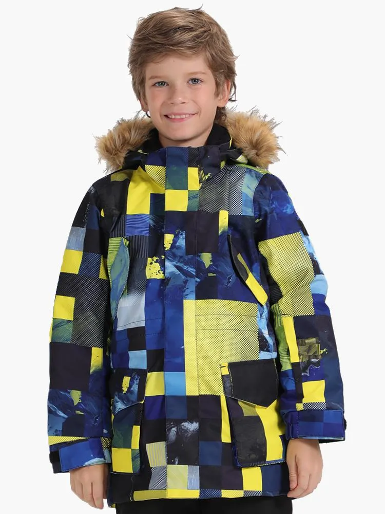 Yellow Plaid Winter Waterproof Kids Colorful Snowboard Jacket