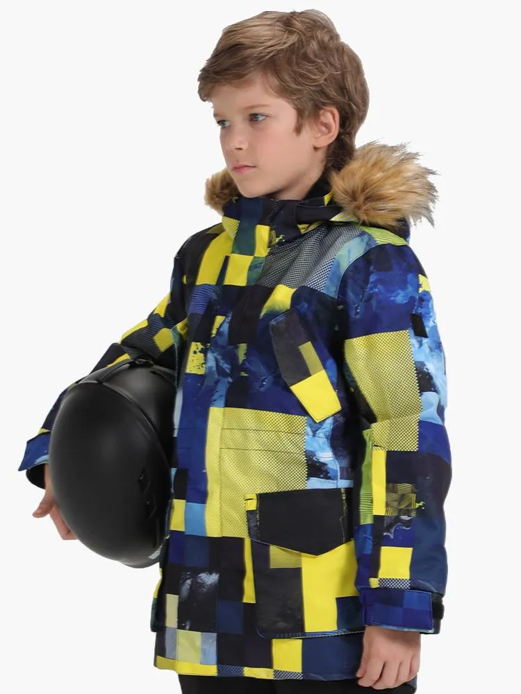 Yellow Plaid Winter Waterproof Kids Colorful Snowboard Jacket